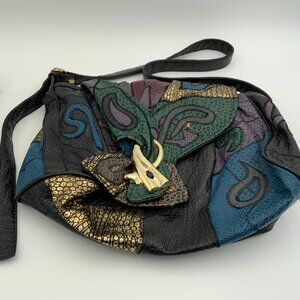 Rare Vintage Genuine Leather Patchwork Grenouille Shoulder Bag Black Multi